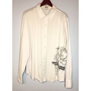 Pop Icon White Cotton Textured Button Up Lion Crown Design Shirt Retro Size XL